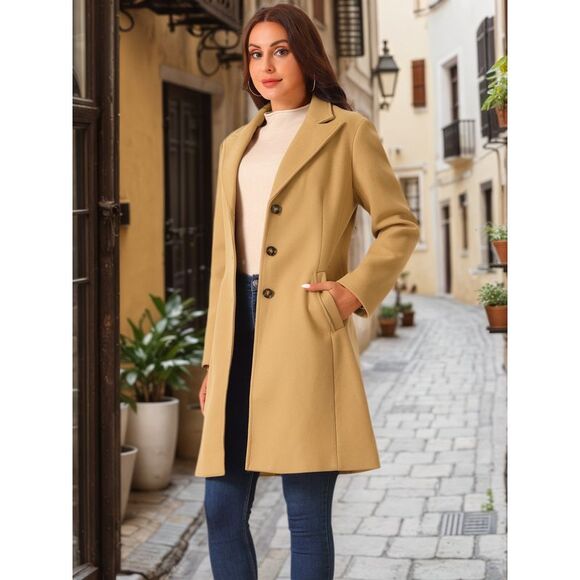 Fashion Winter Notched Lapel Button Down Outerwear Overcoat Brown - Picture 3 of 6